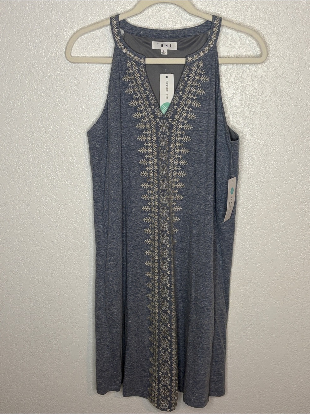 THML Dusty Blue Pariya Embroidered Knit Dress Boho Beachy Size Large NWT